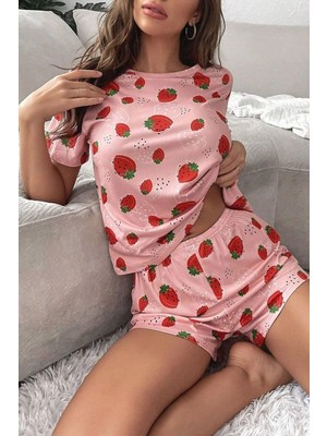 Bella Notte Pembe Çilek Baskılı Şortlu Pijama Takımı