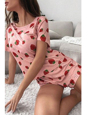 Bella Notte Pembe Çilek Baskılı Şortlu Pijama Takımı