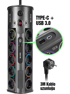 S-Link Swapp 3m Kablolu SP10AF 3m 1860 Joule 1.5 mm 1 USB 1 Type-C 2.1A/5V 16A 250V 3680W 10'lu Akım Korumalı Priz