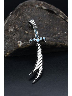 Prestige Gümüş Hz. Ali Zülfikar Kılıcı Turkuaz Firuze Taş Süslemeli Kolye Ucu 925 Ayar Gümüş