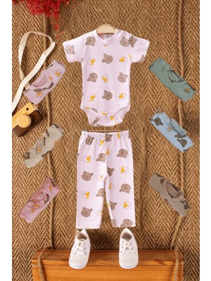 Mai Perla Ayıcık Desenli Pembe 2'li Bebek Takım Erkek Çocuklar İçin Özel Tasarım