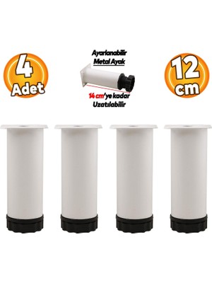 Badem10 Ayarlanabilir Mobilya Kanepe Baza Koltuk Metal Destek Yükseltici Ayağı 12 cm Beyaz Ayakları 4 Adet