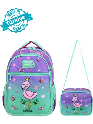Waddell Lisanslı Su Yeşili Lila Flamingo Desenli Kız Çocuk Ilkokul Sırt Çantası ve Beslenme Çantası