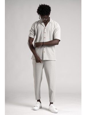 Akçaylar Kendinden Çizgili Oversize(Bol Kesim) Kısa Havuç Pantolon Gömlekli Takım