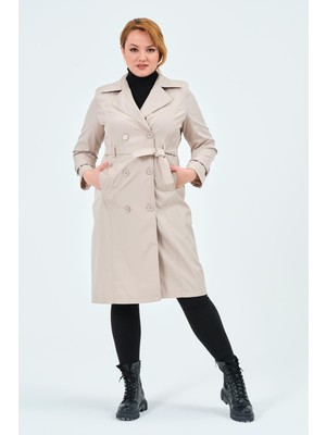 Glr & Gym Dilan Kadın Trençkot Kemerli Düğmeli Yazlık 110 cm Açık Bej Renk