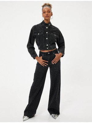 Koton Geniş Paça Kot Pantolon Taşlı Düğmeli Standart Bel Pamuklu - Bianca Wide Leg Jeans