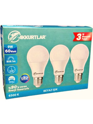 Akkurtlar Led Lamba 9W-60W 806 Lümen Beyaz Işık E-27 (12'li EKOPAKET )