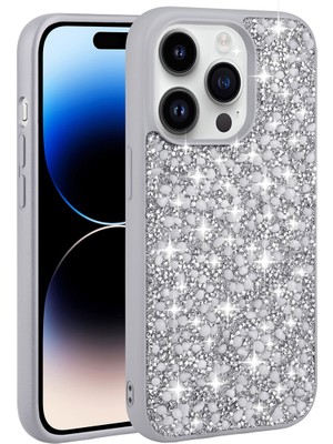 ZORE Apple iPhone 14 Pro Uyumlu Parlak Taşlı Tasarım Linea Kapak-Gümüş