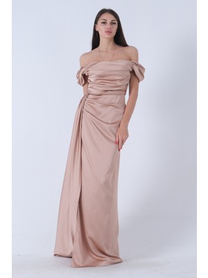 Feminist Bej Drape Detaylı Saten Kumaş Abiye Elbise 9704858.55
