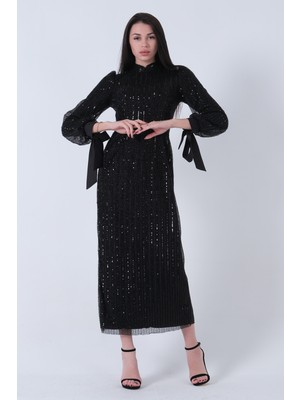 Siyah Bilek Ucu Saten Kurdele Pullu Tesettür Abiye 6502471.01