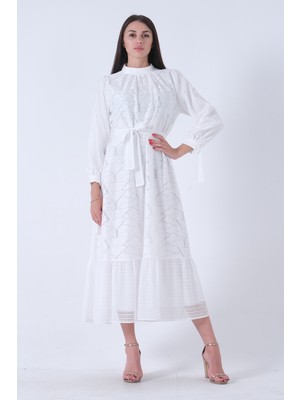 Feminist Beyaz Seyyar Kemerli Bilekten Bağlamalı Astarlı Tesettür Elbise 4571289.15
