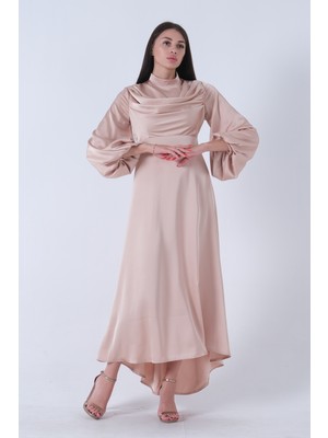 Gold Degaje Saten Balon Kol Tesettür Elbise 5305035.122