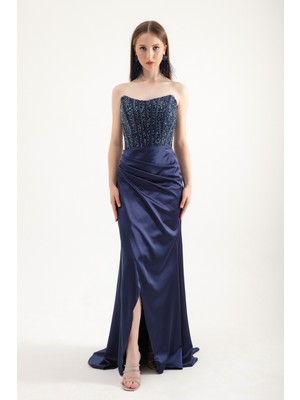 Lafaba Kadın Lacivert Balen Korse Detaylı Taşlı Uzun Abiye Elbise