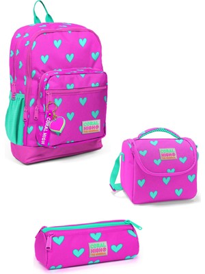 Coral High Kids Kalp Desenli Neon Pembe Su Yeşili Dört Bölmeli Okul Sırt Çantası 3SET23113