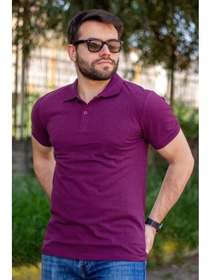 Azıcık Akıllı Erkek Mor Rahat %100 Pamuk Ribana Kol Polo Yaka T-Shirt 24EPLYPOPE