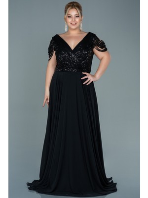 Uzun Payetli Kol Detaylı Büyük Beden Abiye ABU828