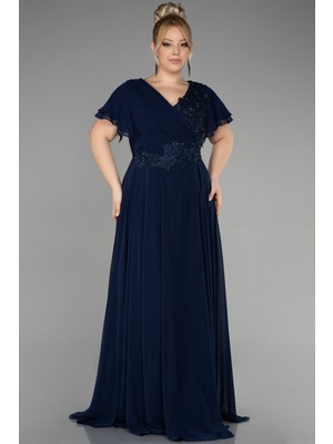 Abiyefon Uzun Taş Işlemeli Şifon Kısa Kol Büyük Beden Abiye ABU1562