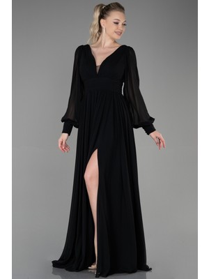 Abiyefon Uzun Kol Bacak Dekolteli Şifon Abiye Elbise ABU1702