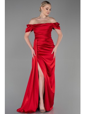 Kayık Yaka Kuyruklu Uzun Saten Abiye ABU1606