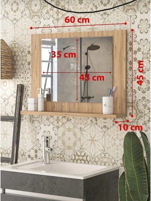 Mirapet 45X60CM Ceviz Raflı Banyo Aynası Yan