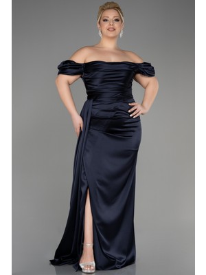 Abiyefon Kayık Yaka Uzun Saten Büyük Beden Abiye ABU1626