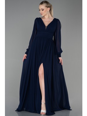 Abiyefon Uzun Kol Bacak Dekolteli Şifon Abiye Elbise ABU1702