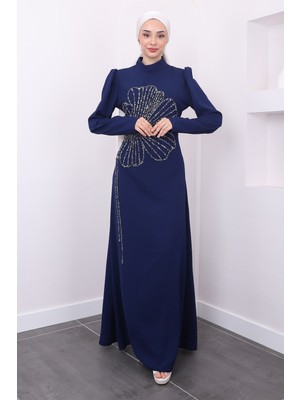 Lacivert Önü Taş İşlemeli Nursema Abiye