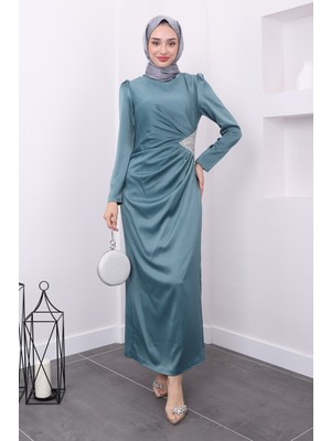 Mint Taş Detaylı Saten Abiye