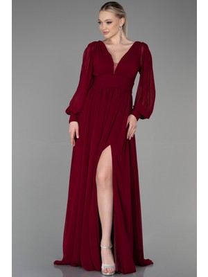 Abiyefon Uzun Kol Bacak Dekolteli Şifon Abiye Elbise ABU1702