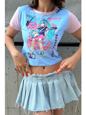 Köstebek Pembe Kollu Anime Hatsune Miku- Best Electric Guitarist Mavi Crop T-Shirt