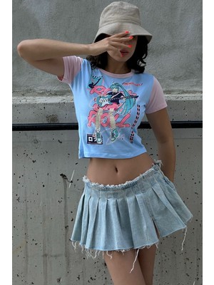 Köstebek Pembe Kollu Anime Hatsune Miku- Best Electric Guitarist Mavi Crop T-Shirt