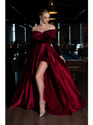 Abiyefon Kadife Uzun Kol Saten Abiye Elbise ABU2083