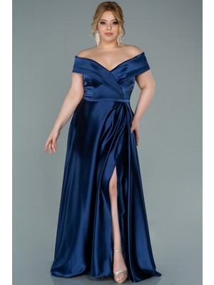 Abiyefon Kayık Yaka Uzun Saten Büyük Beden Abiye ABU2355