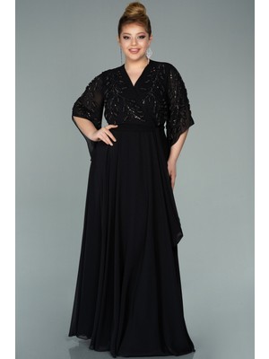 Abiyefon Kısa Kol Taşlı Şifon Büyük Beden Abiye ABU2071