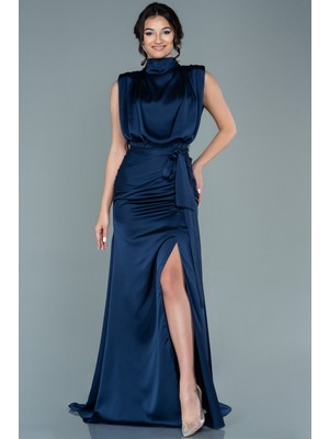 Abiyefon Dik Yaka Kolsuz Uzun Saten Abiye Elbise ABU2133