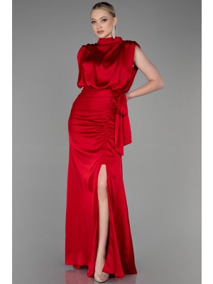 Abiyefon Dik Yaka Kolsuz Uzun Saten Abiye Elbise ABU2133