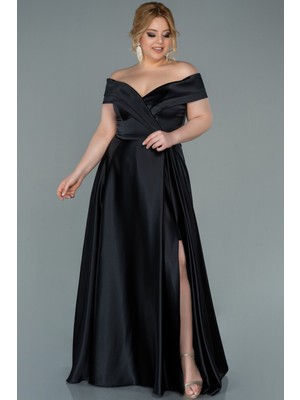 Abiyefon Kayık Yaka Uzun Saten Büyük Beden Abiye ABU2355