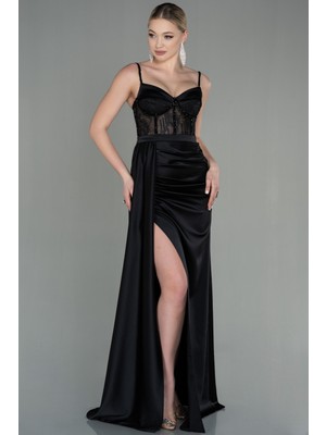 Abiyefon Transparan Taşlı Uzun Saten Abiye Elbise ABU2130