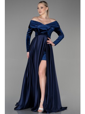 Abiyefon Kadife Uzun Kol Saten Abiye Elbise ABU2083