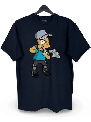 Zengin Bart Simpson Baskılı Loose Fit Bisiklet Yaka Unisex Tişört