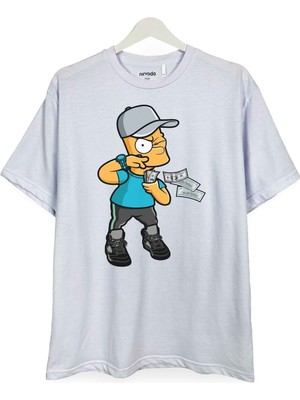 Zengin Bart Simpson Baskılı Loose Fit Bisiklet Yaka Unisex Tişört