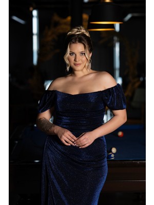 Abiyefon Kayık Yaka Uzun Simli Büyük Beden Abiye ABU2658