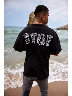 Erkek  Stop Baskılı %100  Pamuk Oversize T-Shirt