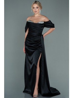 Abiyefon Kayık Yaka Yırtmaçlı Uzun Saten Abiye ABU2661