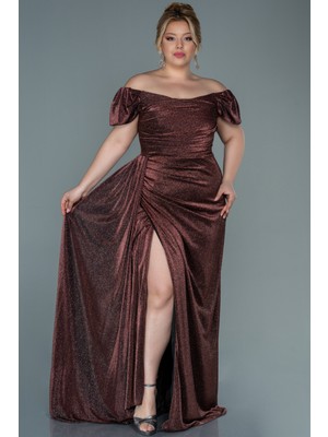 Abiyefon Kayık Yaka Uzun Simli Büyük Beden Abiye ABU2658