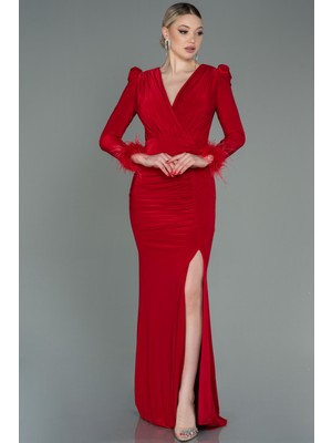 Abiyefon Otrişli Uzun Kol Yırtmaçlı Abiye Elbise ABU2804