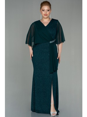 Abiyefon Kısa Kol Uzun Simli Büyük Beden Abiye ABU2857