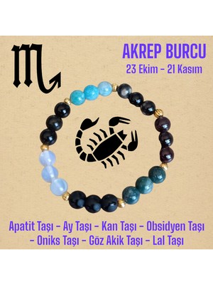 Mga Doğaltaş Akrep Burcu Bileklik (Apatit Taşı, Ay Taşı, Kan Taşı, Obsidyen, Oniks Taşı, Lal Taşı, Göz Akik Taş)