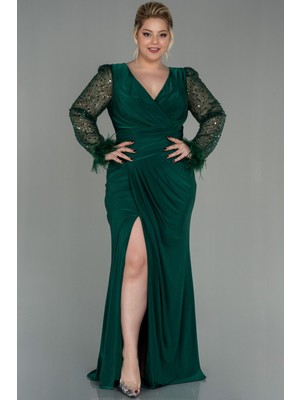 Abiyefon Pullu Uzun Kol Yırtmaçlı Büyük Beden Abiye ABU2976