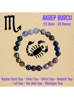 Mga Doğaltaş Akrep Burcu Bilekliği (Kaplan Gözü Taşı, Sitrin Taşı, Rodonit, Yıldız, Lal Taşı, Obsidyen, Akik Taş)